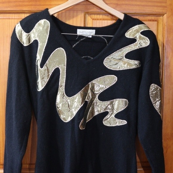 Outlander Vintage Black Metallic Gold Swirl Abstract Wool Angora Sweater - Picture 3 of 15
